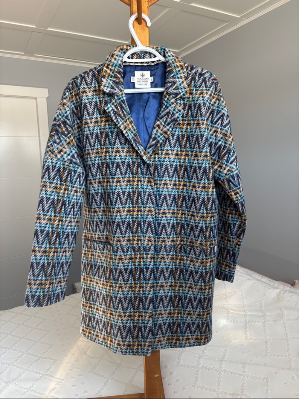Volcom Women's Blue and Brown Geometric Pea Coat